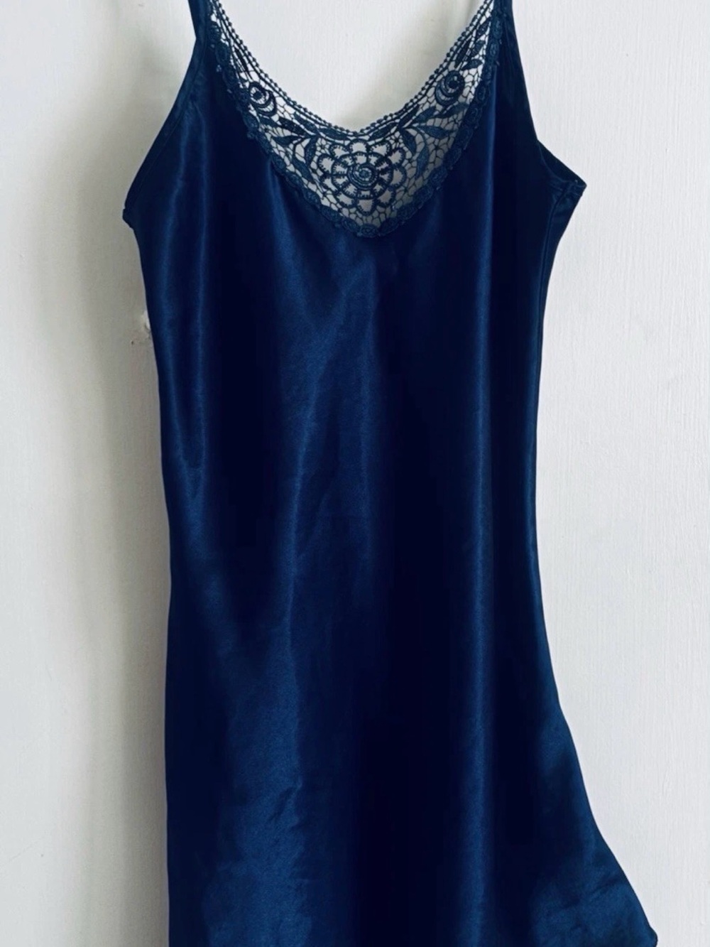 Beautiful Silky Lace Trim Satin Navy Chemise Nightgown Sleepwear Size M